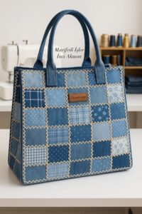 Túi tote denim patchwork “Marifetli İşler” – Handmade Blue Ocean Tote by İnci Akman